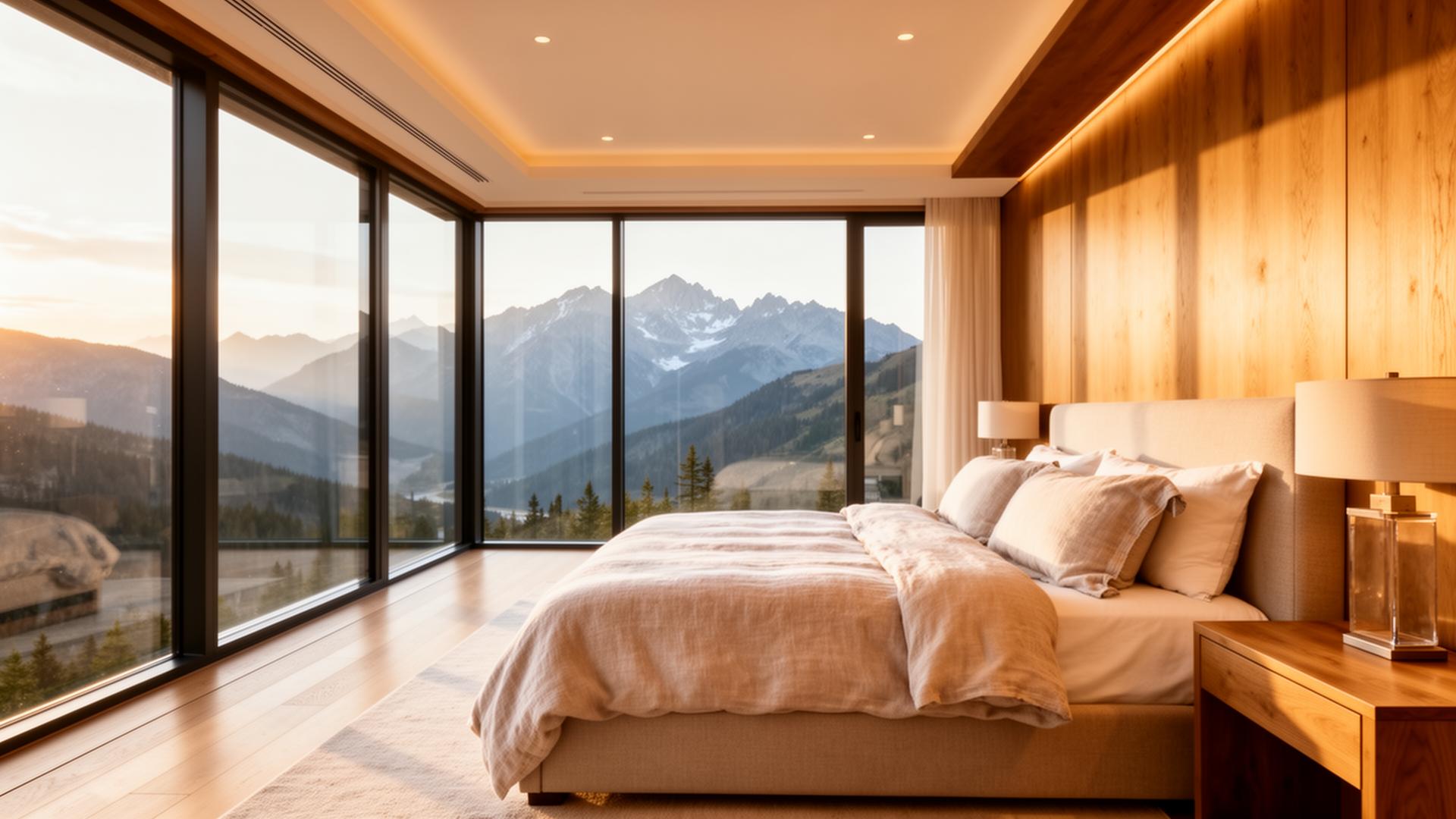 Primary bedroom suite with panoramic mountain views at sunrise