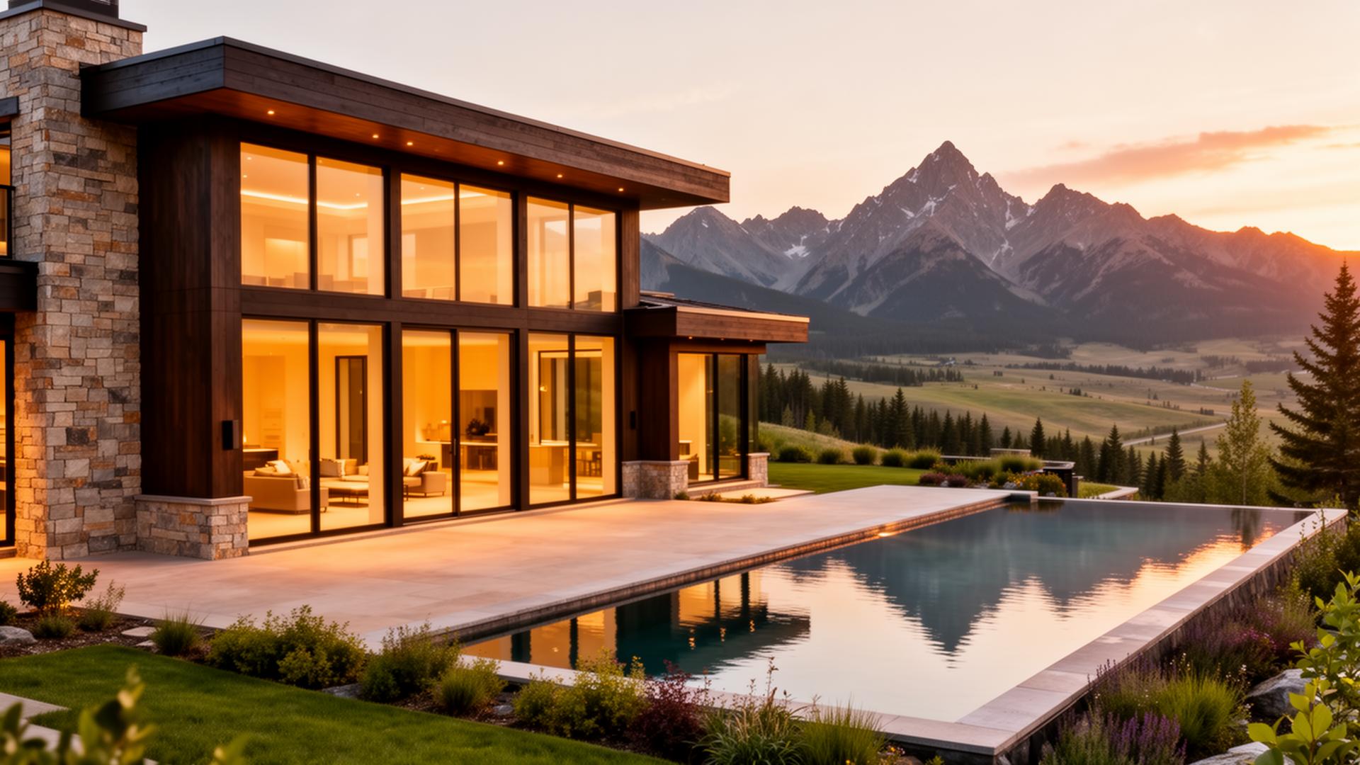 Modern luxury mountain estate at golden hour with infinity pool