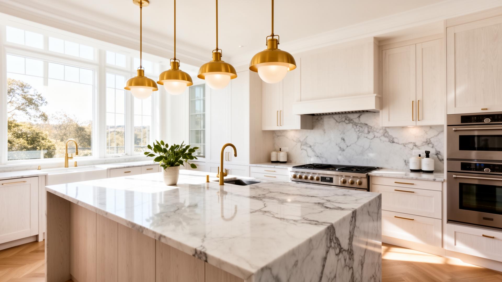 Chef's kitchen with marble waterfall island and brass fixtures