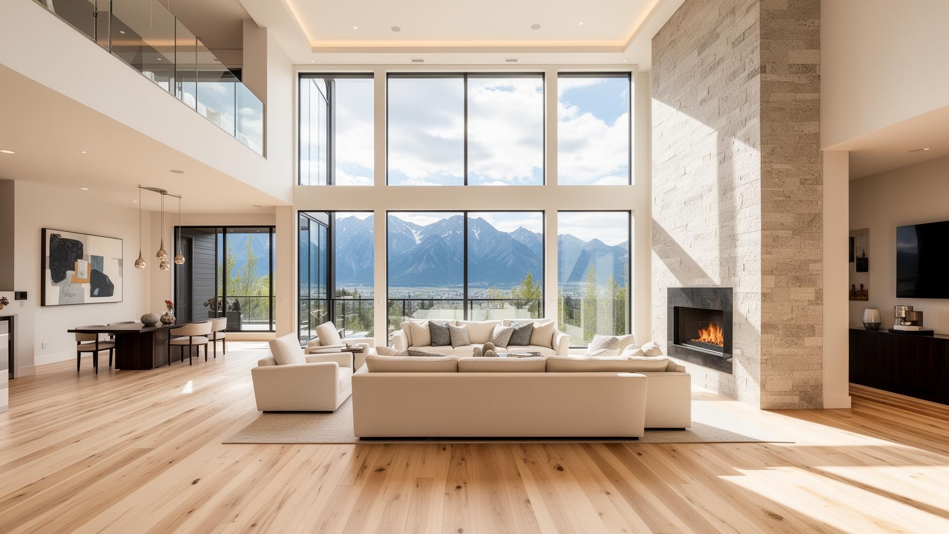 Bright double-height luxury living room with Rocky Mountain views